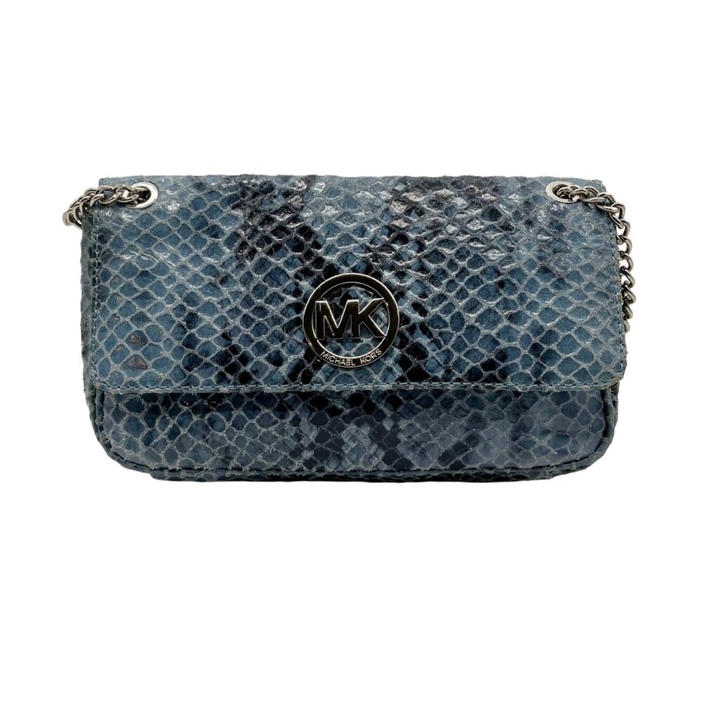 Michael Kors Blue Leather Fulton Denium Python Flap Shoulder Bag